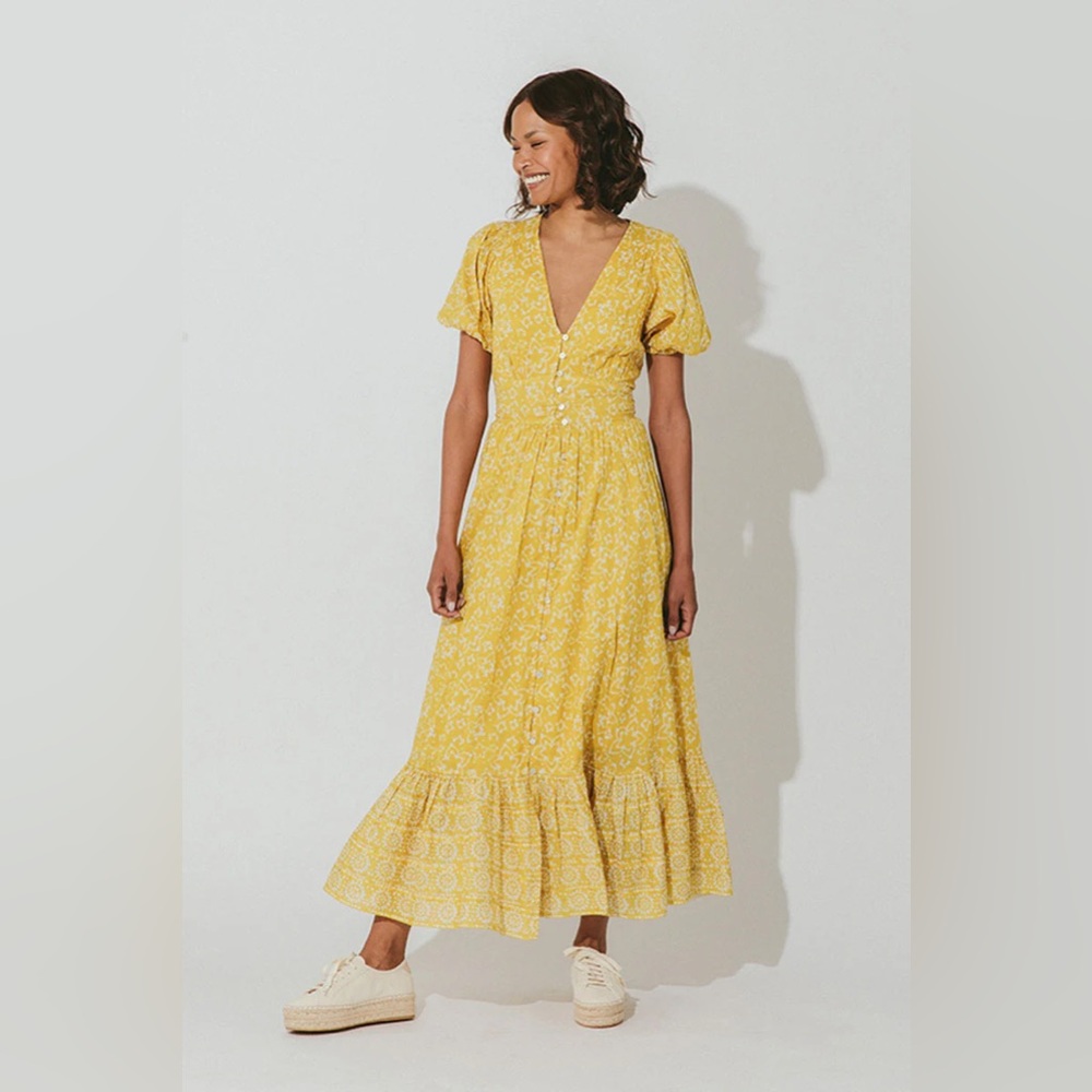 NEW CLEOBELLA Alora Ankle Dress in Cassia Size Small Yellow Floral Midi Cottage